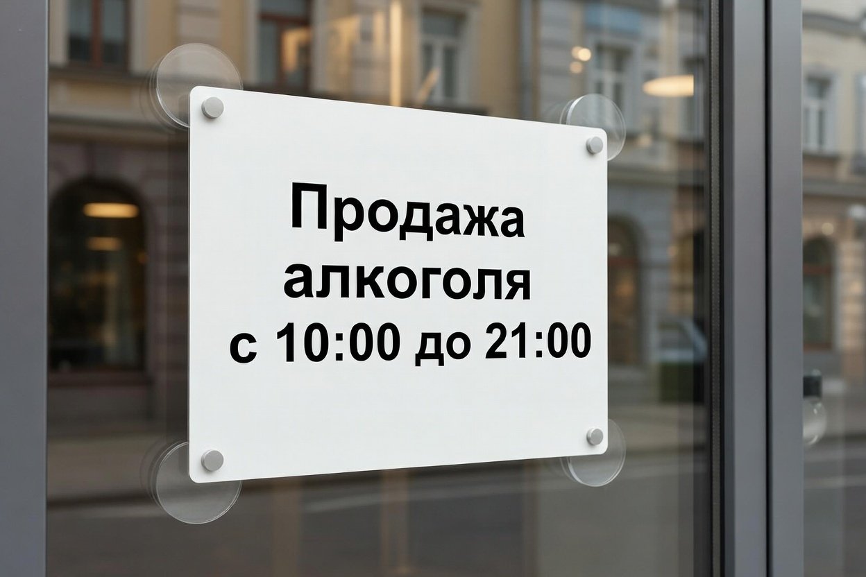 Табличка с указанием региональных ограничений по часам продажи алкоголя — важная информация для потребителей в 2026 году.