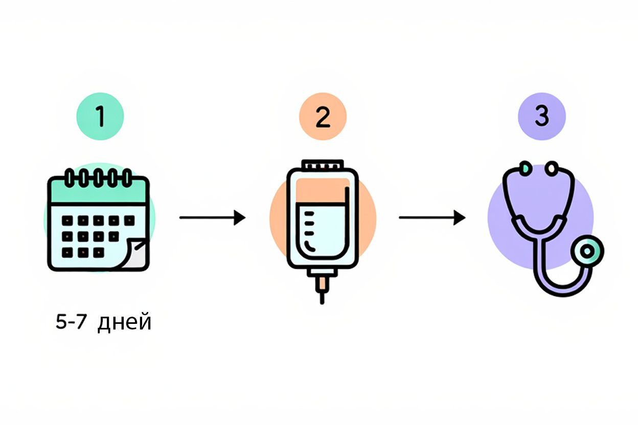 Инфографика, показывающая основные этапы подготовки к процедуре кодирования от алкоголизма: период воздержания, детоксикация и медицинское обследование.