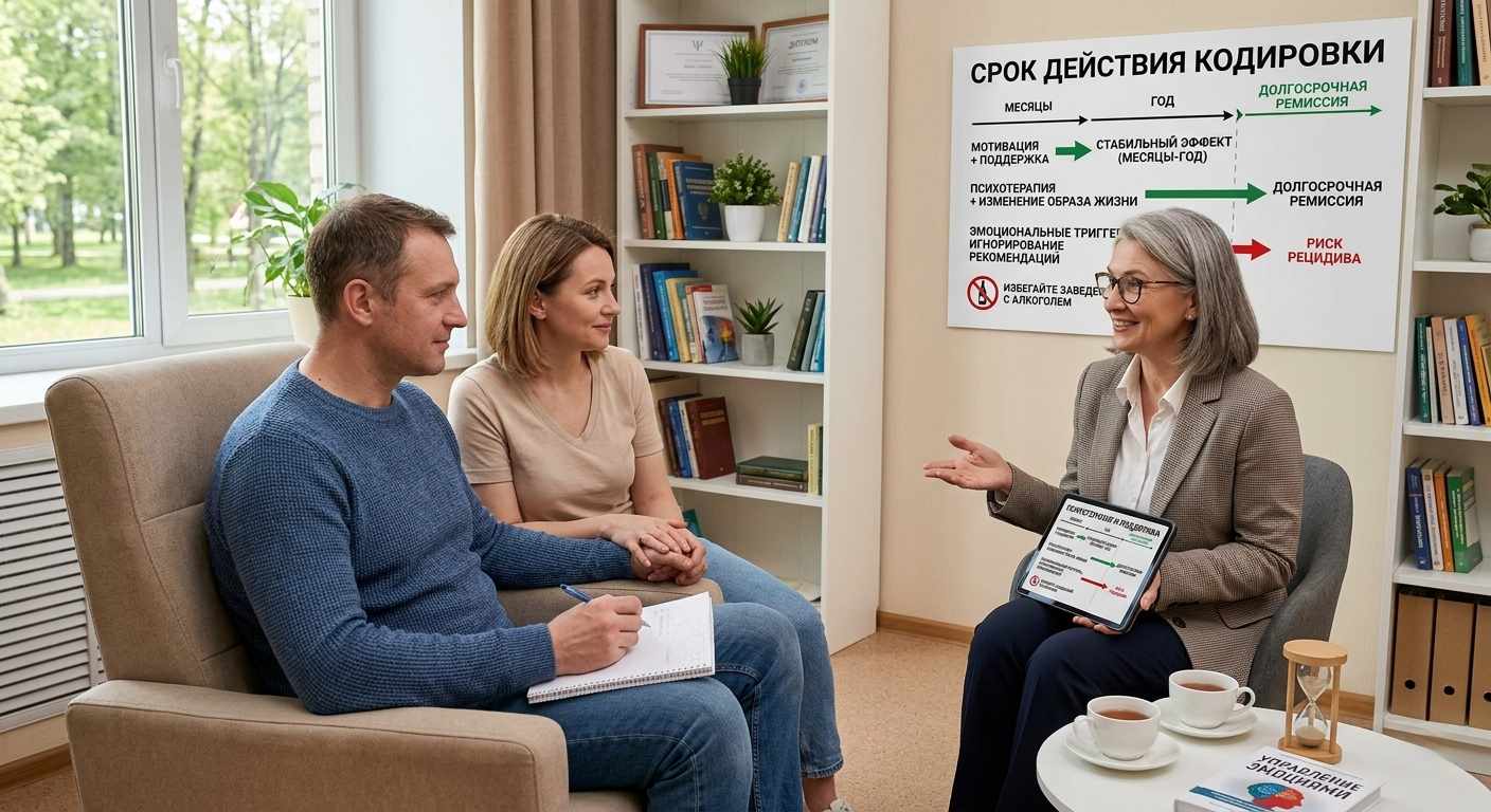 Молодая пара сидит в кресле и консультируется с пожилой женщиной-врачом в ее кабинете. Врач улыбается и жестикулирует, объясняя информацию, представленную на большом информационном стенде на стене и на планшете, который она держит.
