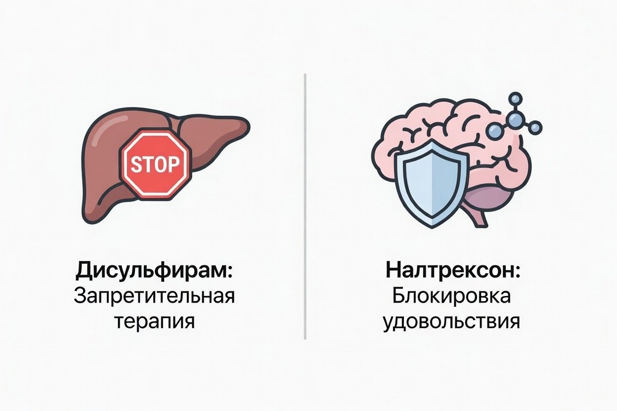 Инфографика, сравнивающая, как действуют разные лекарства от алкоголизма: дисульфирам блокирует печень, а налтрексон — рецепторы мозга.