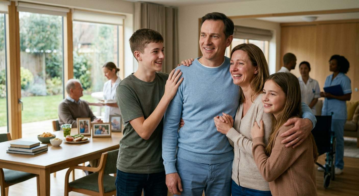 Улыбающаяся  семья — отец средних лет в голубом свитере, мать и двое детей-подростков (сын и дочь) — стоят в обнимку в уютной, светлой семейной комнате, демонстрируя счастье и восстановленные отношения.