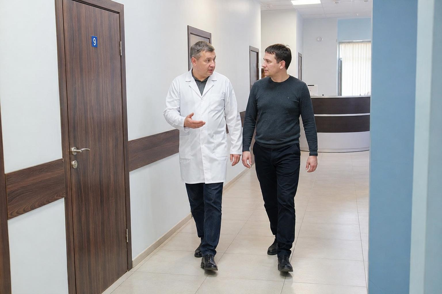 Врач-нарколог и пациент идут по холлу клиники и разговаривают о лечении