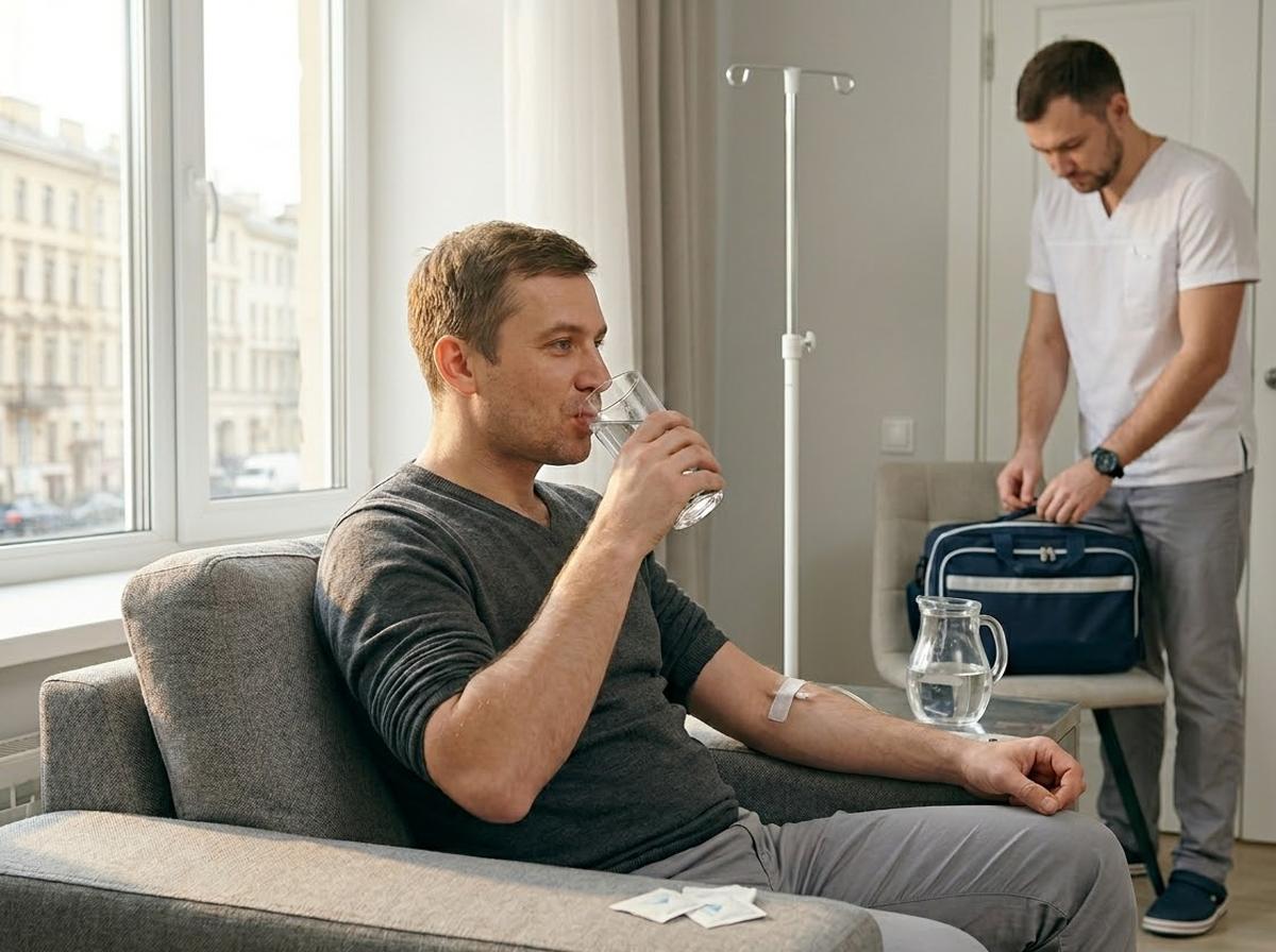 Снятие похмельного синдрома в Москве: пациент пьет чистую воду после капельницы