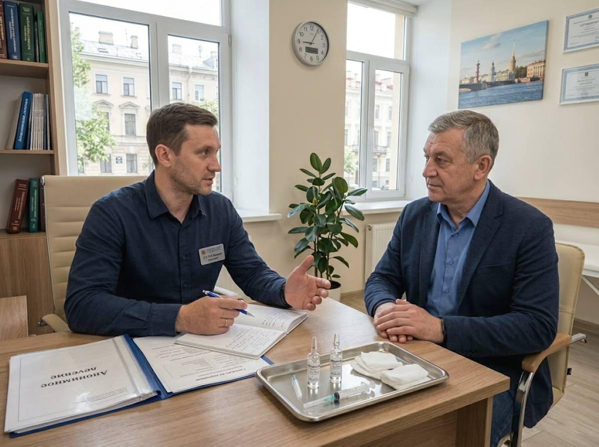 Кодирование от алкоголизма в Москве: врач-нарколог консультирует пациента перед процедурой