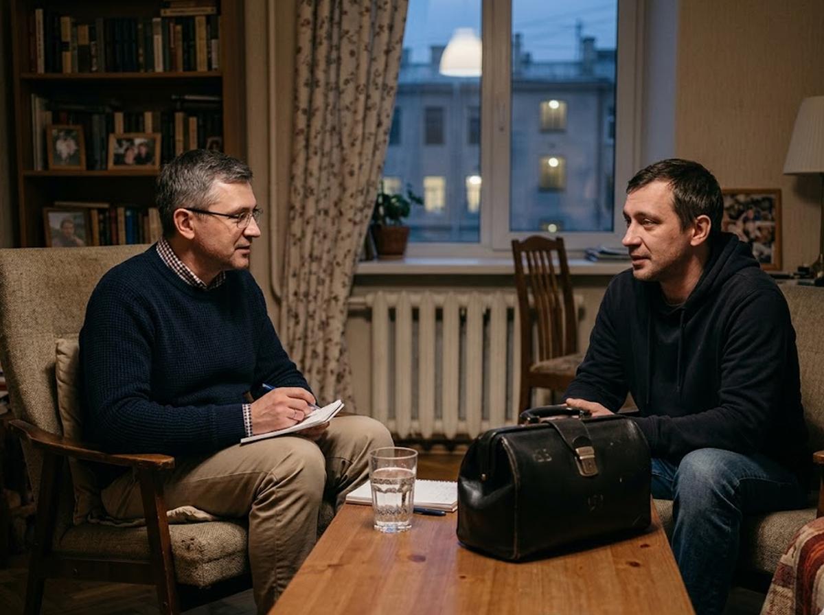 Анонимное лечение алкоголизма в Москве: врач-нарколог в гражданской одежде беседует с пациентом