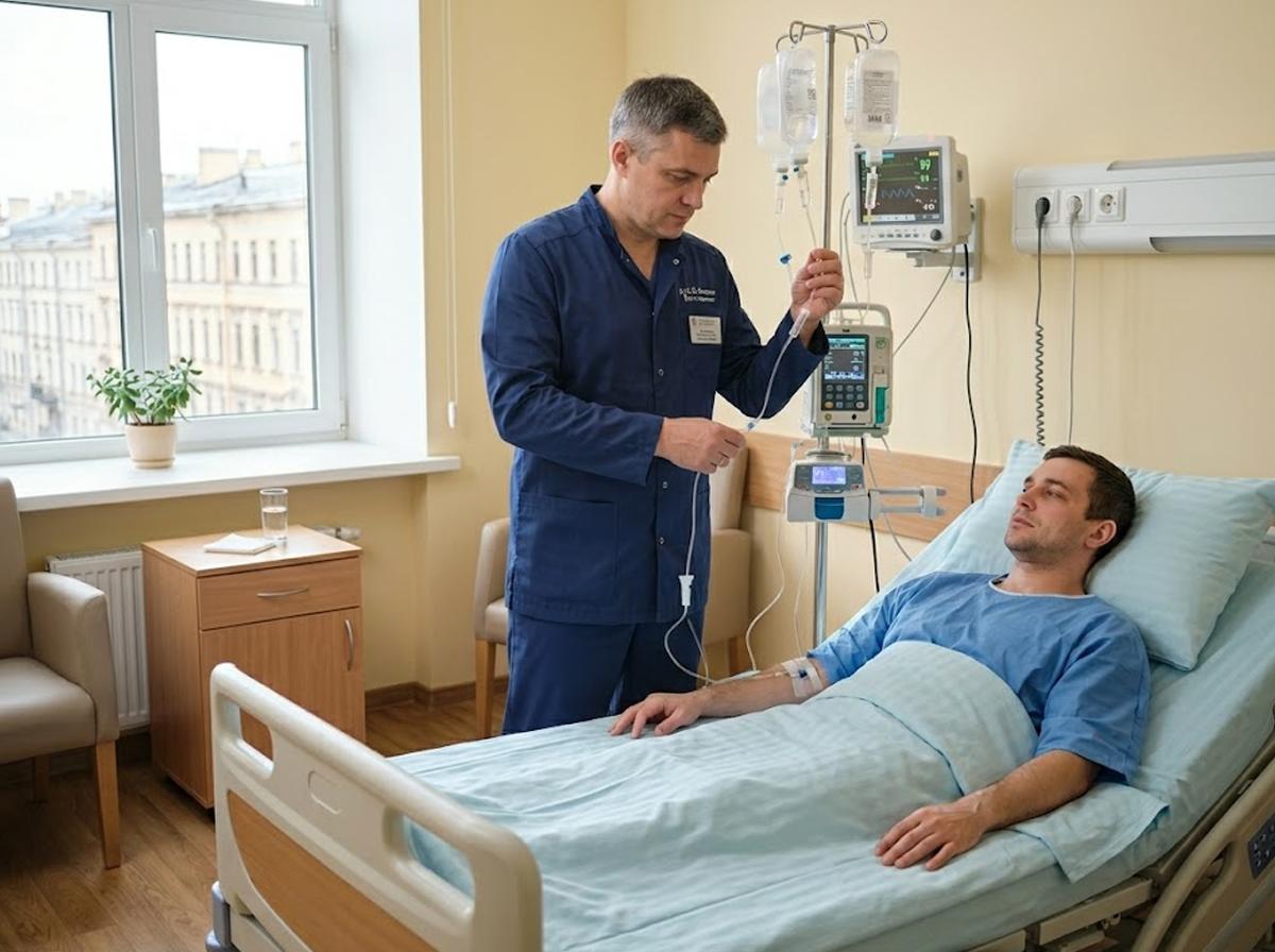 Лечение алкоголизма в стационаре Москвы: врач проверяет капельницу пациенту в палате