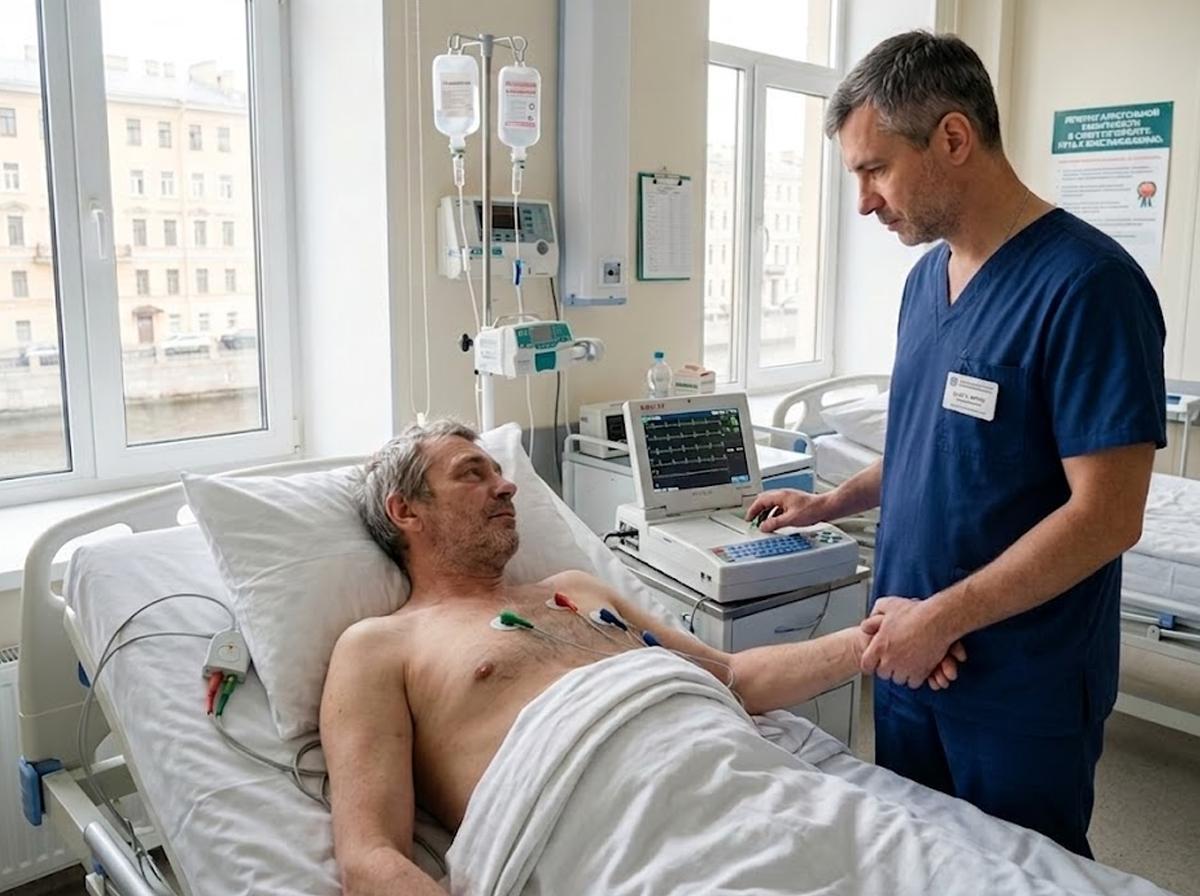 Лечение хронического алкоголизма в Москве: врач проводит ЭКГ пациенту