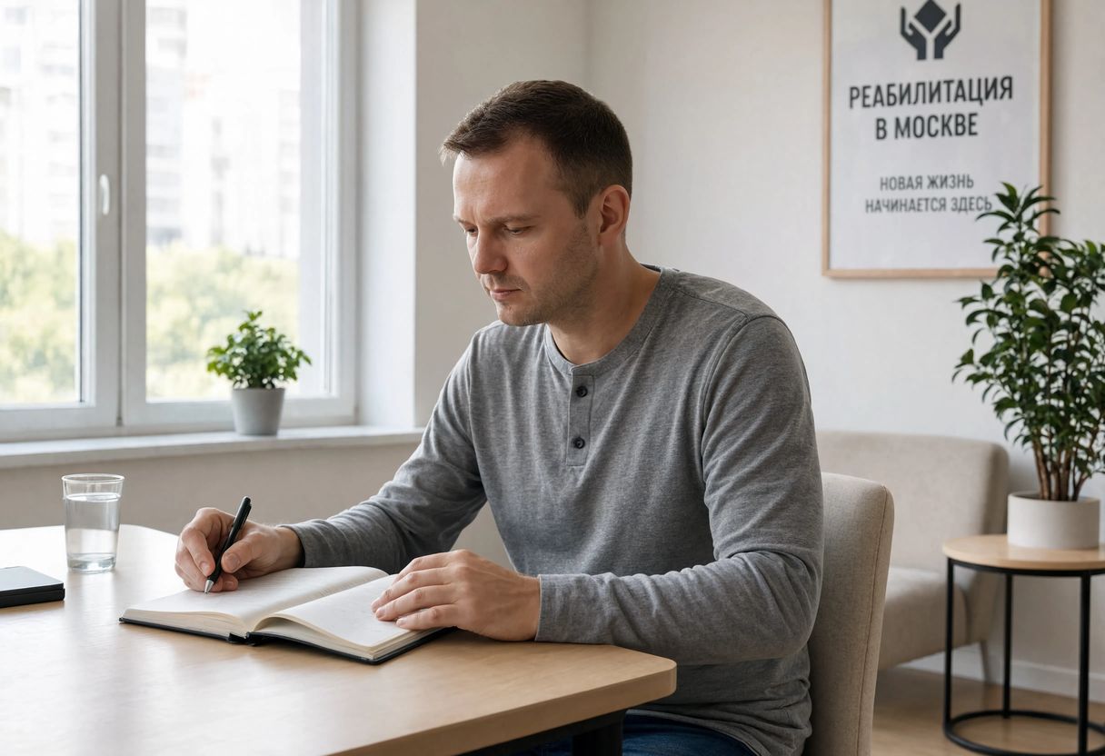 Мужчина делает записи в блокноте во время занятия в реабилитационном центре в Москве